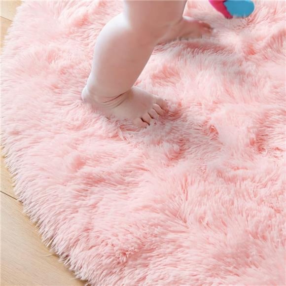 Pink Round Rug 5x5Feet Fluffy Soft Area Rugs for Kids Girls Room Princess Castle - Picture 3 of 6